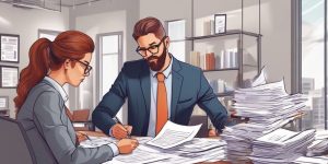 small business owner reviewing financial documents with tax consultant in office