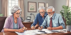 elderly couple planning retirement with financial advisor in office