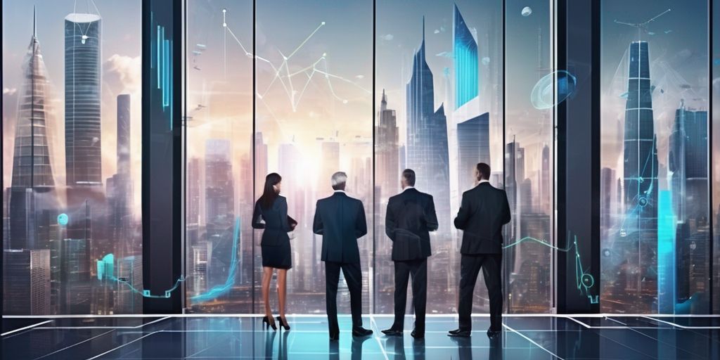 futuristic city skyline with financial graphs and diverse group of business people