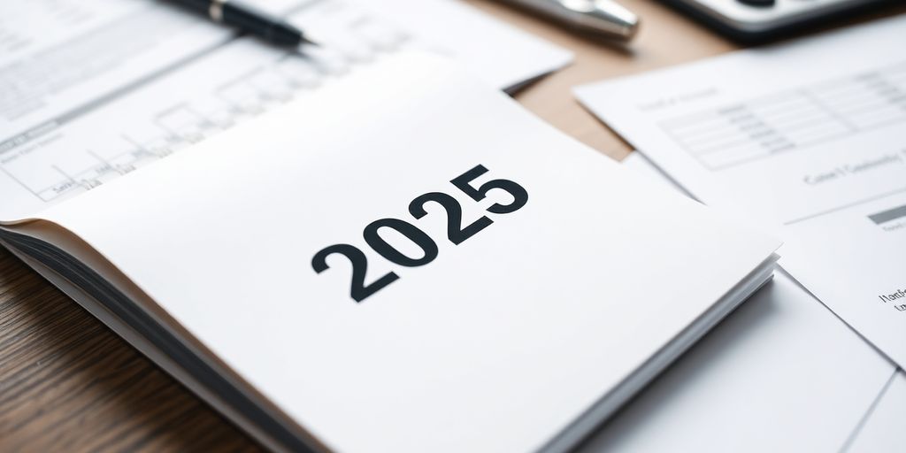 Calendar page turning to 2025 with financial documents nearby.