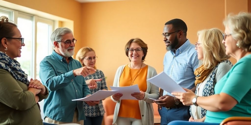 Group discussion about social security benefits in a friendly setting.
