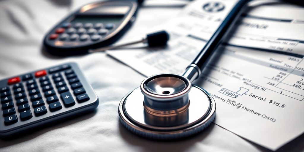 Stethoscope, medical bills, and calculator on a bed.