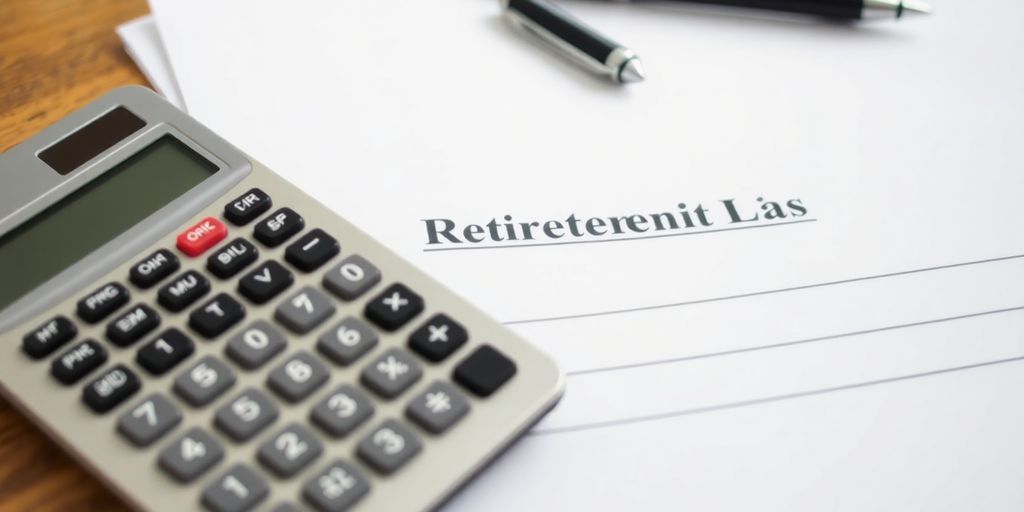 Calculator and retirement documents on a wooden desk.