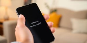 Hand holding smartphone with SSI direct deposit notification.