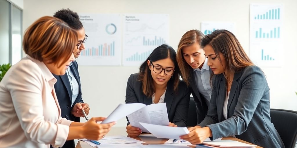 Professionals discussing financial documents in an office setting.